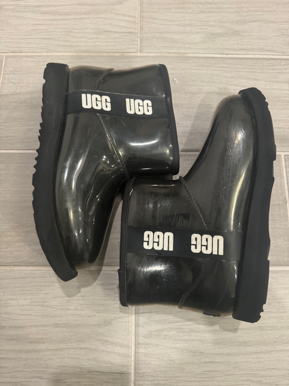 UGG Glossy Black Short Rain Boots with White Logo Strap